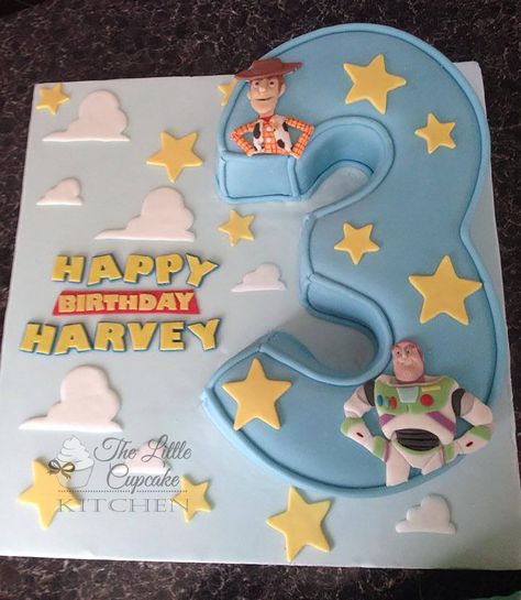 Disney Themed Cakes - Buzz Lightyear and Woody Toystory  carved number 3 cake. Number 3 Cake, Buzz Lightyear And Woody, Toy Story Birthday Cake, Buzz Lightyear Party, Disney Themed Cakes, Toy Story Party Decorations, 3 Cake, Toy Story Theme, Toy Story Cakes