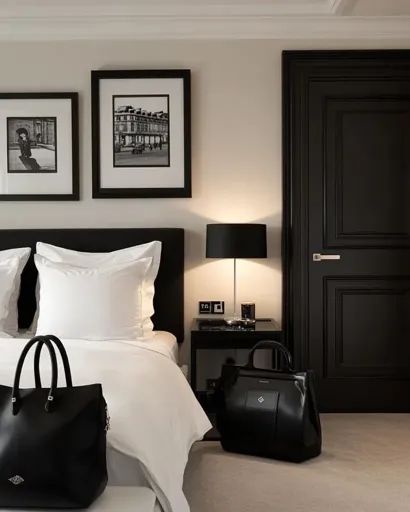 ↑↑↑ Larger size on website 🔸 A stylish bedroom with a black and white color scheme. A large bed with white linens and a black hea 🔸 From Midjourney AI Image Parisian Bedroom Design, Modern Parisian Bedroom, English Apartment, Black And White Room, Parisian Room, White Bedrooms, Parisian Bedroom, Black And White Bedroom, Black White Bedrooms