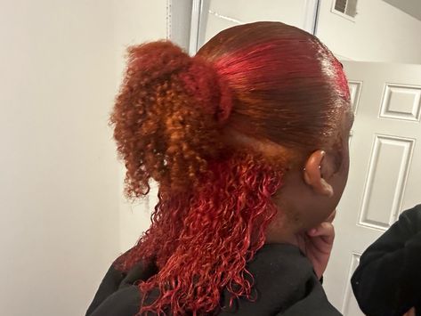 Ginger Hair With Pink Skunk Stripe, Ginger N Pink Hair, Red And Brown Dyed Hair, Pink And Ginger Hair Black Women, Peekaboo Hair Color Ginger, Ginger And Pink Hair Dye, Ginger And Burgundy Hair Black Women, Pink And Brown Hair Dye, Red With Orange Highlights