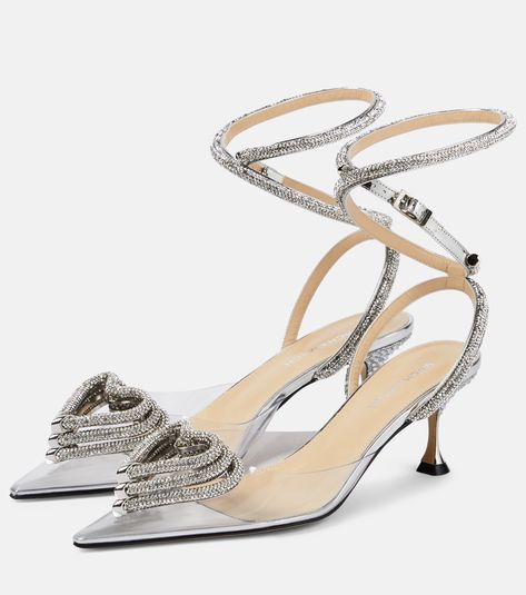 Triple Heart Embellished PVC Pumps in Silver - Mach Mach | Mytheresa Casual Ballet Flats, Triple Heart, Jeweled Shoes, Beige Heels, Mid Heels Pumps, Jeweled Sandals, Rhinestone Shoes, Silver Pumps, Double Bow