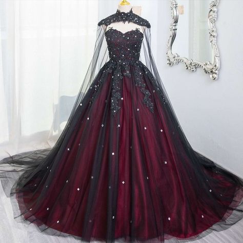 Black Red Ombre Wedding Dress, Black And Red Wedding Dress, Red And Black Ball Gown, Red Gothic Wedding Dress, Red And Black Wedding Dress, Black Masquerade Dress, Emo Wedding, Fluffy Wedding Dress, Red Wedding Gowns