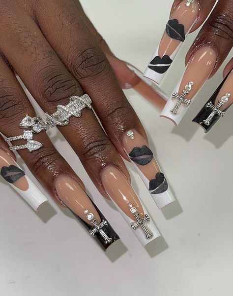 Long nails, acrylic , nail designs , nail charms, cross charms , sliver jewelry Nails With Cross Charm, Nails With Cross, Long Nails Acrylic, Almond Shaped Nails Designs, Almond Shape Nails, Designs Nail, Nail Charms, Long Acrylic Nails, Cross Charms