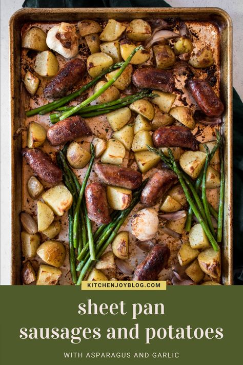 Sheet Pan Sausages and Potatoes with Asparagus and Garlic - Kitchen Joy Roast Whole Garlic, Roasted Italian Sausage, Sausage Parmesan, Sourdough Bread Sandwiches, Bread Kitchen, Sourdough Sandwich, Sausage Potatoes, Fresh Asparagus, Sheet Pan Dinners