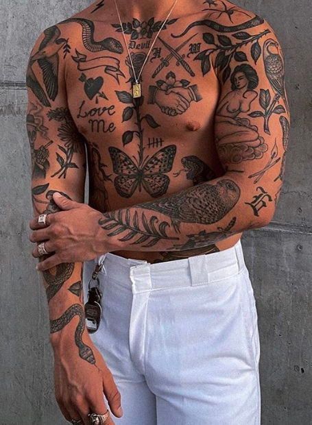 Male Tattoo Models, Tattooed Arms Man, Guys Covered In Tattoos, Men’s Sticker Sleeve Tattoos, Chest Patchwork Tattoo Men, Heavily Tattooed Guys, Hot Male Tattoos, Fully Tattooed Man, Bad Guy Tattoo