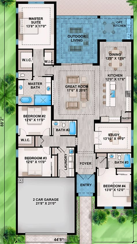 This 4-bed coastal Transitional house plan gives you 2,574 square feet of heated living space and an additional 405 square feet of covered outdoor space on the lanai. Architectural Designs' primary focus is to make the process of finding and buying house plans more convenient for those interested in constructing new homes - single family and multi-family ones - as well as garages, pool houses and even sheds and backyard offices.  Our website offers a vast collection of home designs, encompa Narrow Coastal House Plans, Modern House Design 3 Bedroom, Spanish Bungalow House Plans, Elevated Coastal House Plans, Pool House Floor Plans, U Shaped House Plans, Resort Design Plan, Transitional House Plans, Architecture House Plan