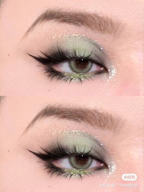 Sparkly Green Eye Makeup, Soft Green Eyeshadow Looks, Dark Green Douyin Makeup, Sage Green Douyin Makeup, Enchanted Forest Prom Makeup, Pastel Green Makeup Looks, Sage Green Prom Makeup, Green And White Makeup Looks, Fairy Green Makeup