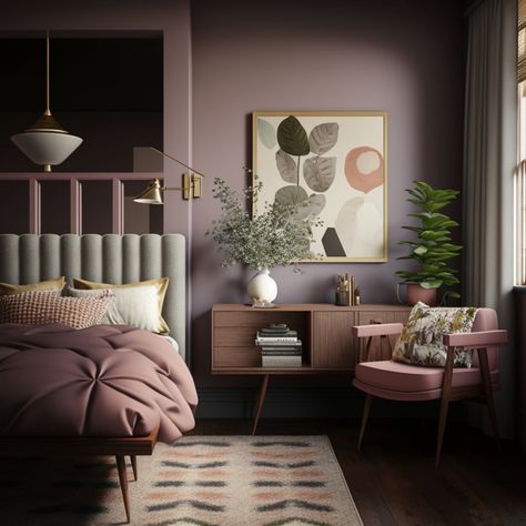 Mauve Olive Bedroom, Plum And Blush Bedroom, Modern Purple Bedroom Ideas, Muted Purple Bedroom, Mauve Accent Wall Bedroom, Purple Bedroom Accents, Plum Bedroom, Mauve Bedroom, Lilac Bedroom