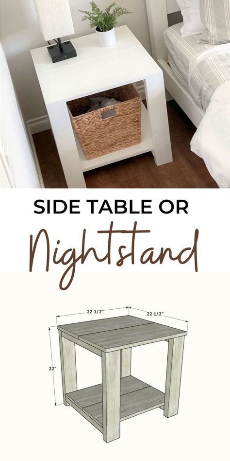 Farmhouse Bed Side Table Night Stands, Bedside Table Wood Diy, Diy Wood End Tables Night Stands, Simple Wooden Side Table, Building An End Table Night Stands, Diy Night Table Ideas, Homemade Bedside Table Night Stands, Night Stand Wood Diy, Simple Night Stand Diy