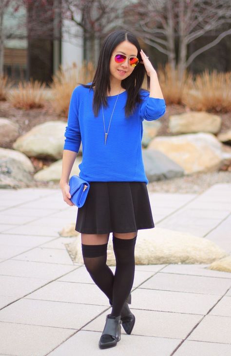 cobalt blue sweater, black skater skirt, Circus by Sam Edelman Reese ankle boots, over the knee tights, OTK Cobalt Blue Sweater, Highlight Black, Black Skater Skirts, Dressy Skirts, Have A Good Weekend, Blue Sweater, Sweater Black, Rose Color, Color Shades