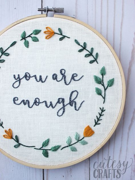 "You Are Enough" Hand Embroidered Quote - Free hand embroidery pattern! Free Hand Embroidery, Embroidery Beginner, Quote Embroidery, Sulaman Pita, Hand Embroidery Patterns Free, Crewel Embroidery Kits, Embroidery Transfers, Learn Embroidery, Pola Sulam