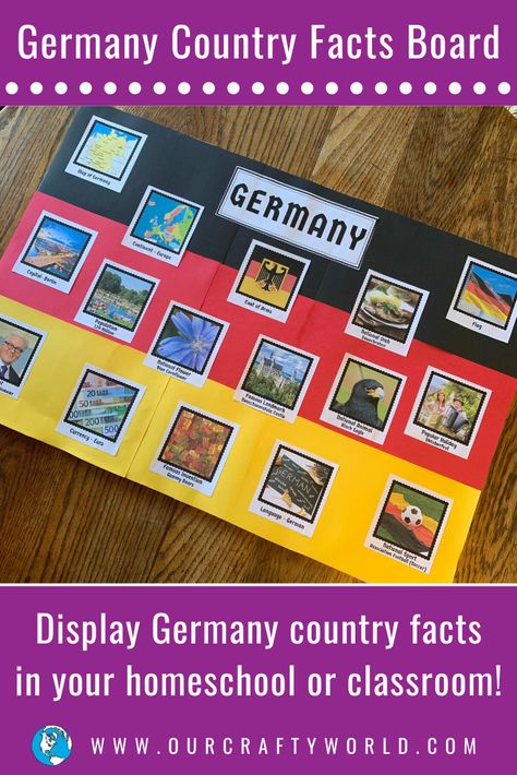 A Germany Country Facts Board for You Home, Homeschool, or Classroom • Our Crafty World Geography Decorations Classroom Decor, Germany Classroom Decorations, World Thinking Day Germany, German Classroom Decorations, German Crafts For Kids, Germany Crafts For Kids, Germany Facts For Kids, Germany Crafts, Germany Project