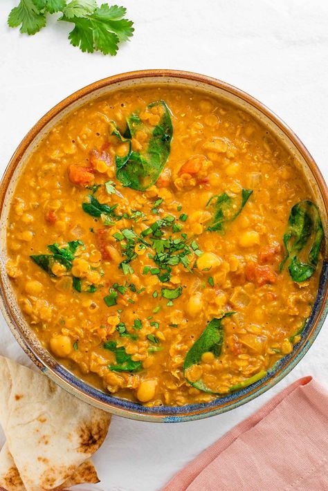 Easy Vegan Red Lentil Curry With Coconut Milk • Tasty Thrifty Timely Lentils With Coconut Milk, Lentil Ideas, Meatless Lunches, Red Lentil Coconut Curry, Lentil Coconut Curry, Vegan Lentil Curry, Spicy Vegetarian Recipes, How To Make Lentils, Lentil Recipes Easy