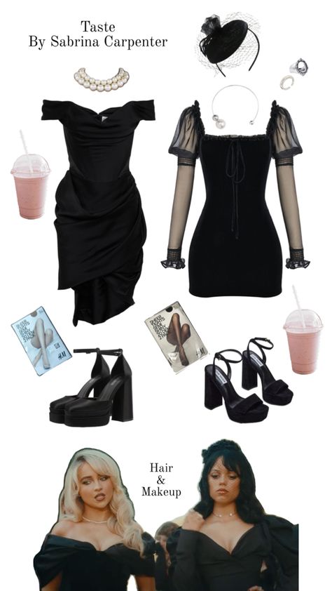 Halloween costumes inspired by music. This take is on Taste by Sabrina Carpenter. You and your bestie can dress to kill at your ex’s funeral, both in gorgeous black dresses and signature platform heels. Don’t forget your accessories and a little sweet treat drink before you head out. Gorgeous Black Dress, Duo Halloween Costumes, Halloween Inspo, Dressed To Kill, Sweet Treat, Black Dresses, Sabrina Carpenter, Platform Heels, Halloween Costumes