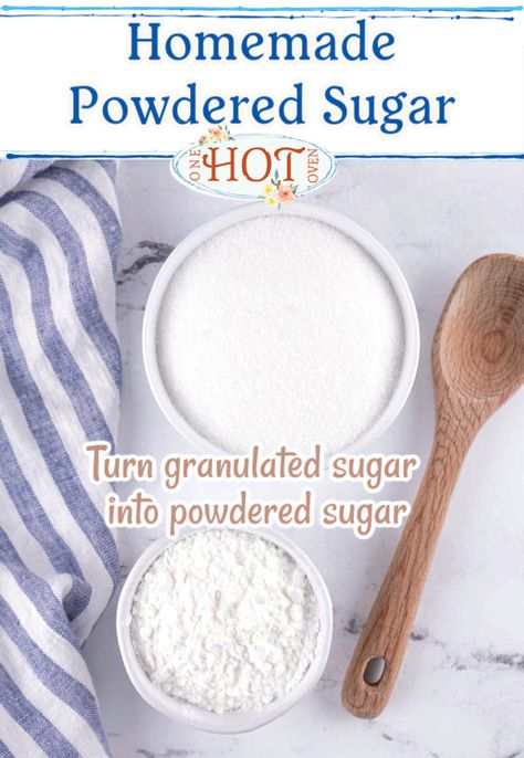 A bowl with granulated sugar and a bowl with powdered sugar and a wooden spoon. How To Make Powdered Sugar, Diy Powdered Sugar, Homemade Powdered Sugar, Make Powdered Sugar, Baking Necessities, Brown Sugar Frosting, Make Brown Sugar, How To Make Icing, Cinnamon Butter