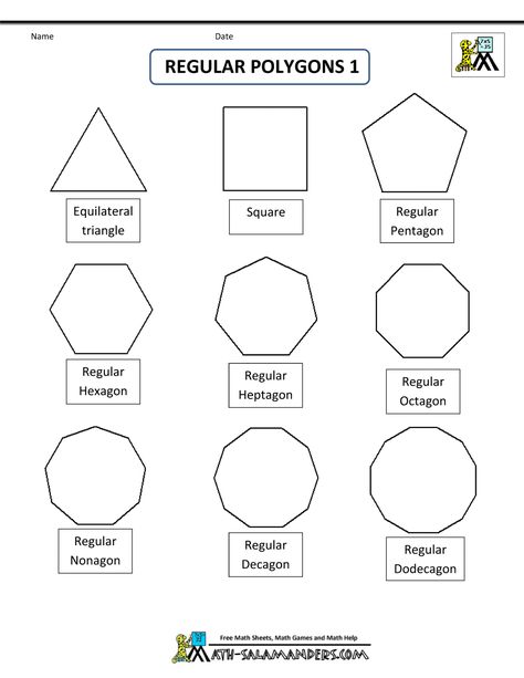 Polygons Shapes, Geometric Shapes Names, Regular Hexagon, Math Tables, Regular Polygon, Kindergarten Phonics Worksheets, Geometry Activities, Printable Shapes, Pottery Patterns