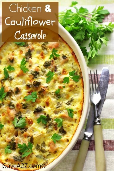 Chicken And Cauliflower Casserole, Chicken Cauliflower Casserole, Chicken And Cauliflower, Cubed Chicken, Cauliflower Casserole Recipes, Banting Recipes, Chicken Cauliflower, Low Carb Casseroles, Cauliflower Casserole