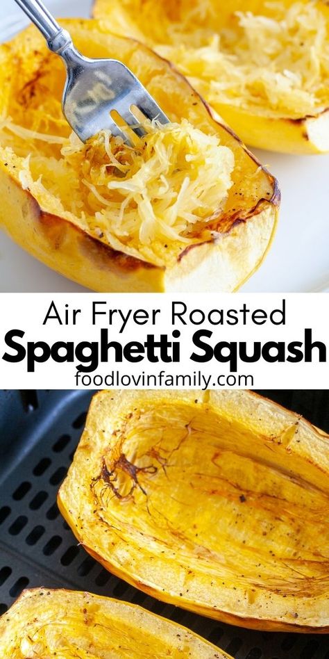 Air Fryer Spaghetti Squash is deliciously roasted quick and easy in the air fryer. Delicious spaghetti squash strands can be used for a variety of dishes. Great for low-carb recipes. We love roasting spaghetti squash in the air fryer and you won't believe how simple it is to make. Video included. Air Fry Spaghetti Squash, Easy Family Dinners Crockpot, Air Fryer Spaghetti Squash, Roasting Spaghetti Squash, Air Fryer Spaghetti, Low Carb Zucchini Recipes, Fried Spaghetti, Spaghetti Squash Recipes Easy, Roasted Spaghetti Squash