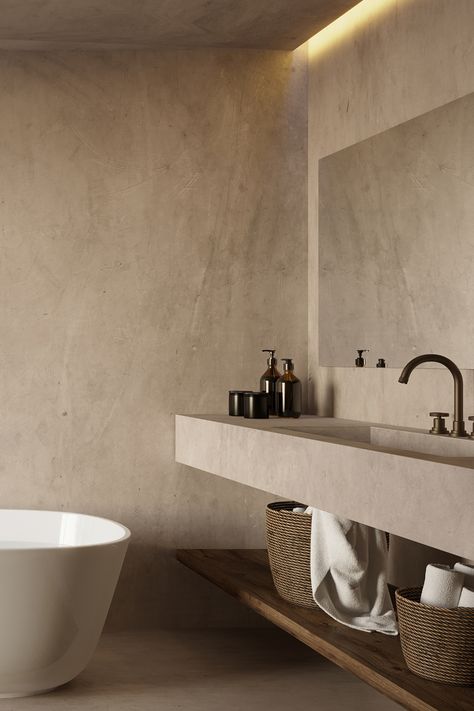 Minimalist Bathroom Ideas, Drømme Bad, وابي سابي, Cement Bathroom, Dekorere Bad, Mediterranean Bathroom, Unique Bathroom Vanity, Mediterranean Interior, Concrete Bathroom