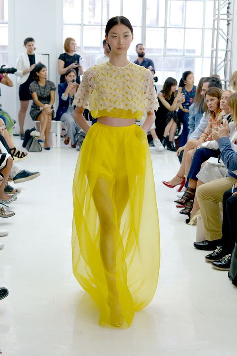 Sheer Fabric, Yellow Fashion, Cropped Top, Colorful Fashion, New York Fashion Week, Couture Fashion, Capsule Wardrobe, Runway Fashion, Dress To Impress