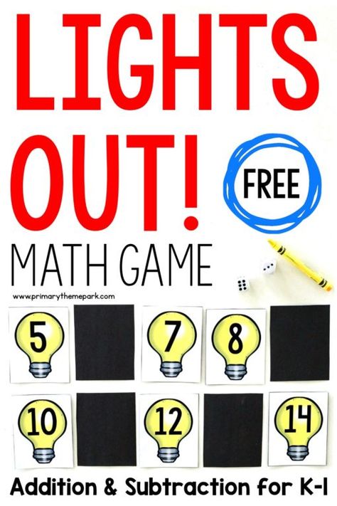 Lights Out! addition and subtraction math game for kindergarten and first grade Games For Grade 1, Game For Kindergarten, Subtraction Centers, 1st Grade Math Games, Preschool Math Games, Free Math Games, Subtraction Kindergarten, Writing Sight Words, Subtraction Games