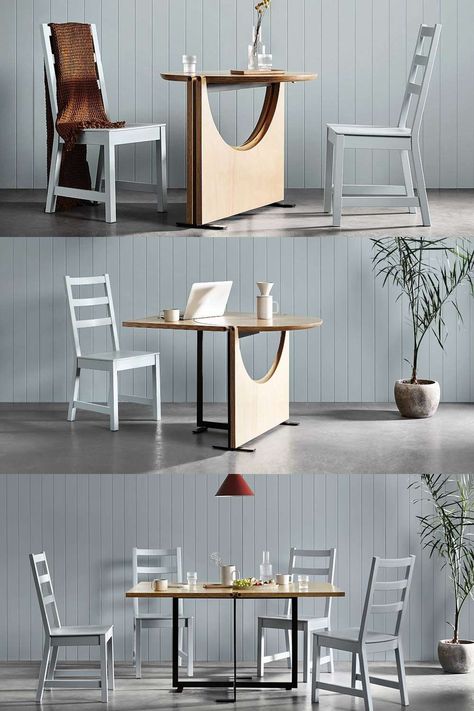 Looking for a versatile table that can adapt to your needs? Look no further than the drop-leaf table. This ingenious design features folding leaves that allow you to configure the table in multiple ways, giving you a dining space, working space, or party space when and where you need it. Plus, the minimalist design means it won't take up unnecessary counter or floor space. So go ahead and "drop" this table into your life - it's sure to make things more functional and convenient! Multifunction Dining Room, Transforming Tables Small Spaces, Multipurpose Dining Table, Foldable Table Makeover, Detachable Furniture, Functional Furniture For Small Spaces, Folding Dinner Table, Folding Table Design, Adaptable Furniture