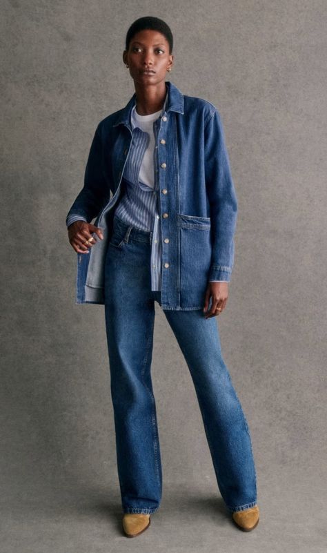 Lookbook | Sézane Tomboy Shirts, Double Denim, Cotton Textile, Oversized Jacket, Parisian Chic, Fall Collections, Blue Jacket, Parisian Style, Denim Blue