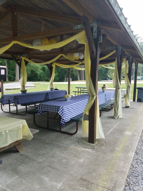 Covered Patio Party Decorations, Park Shelter Decorations Picnic Table, Decorate Gazebo For Party, Pavilion Party Ideas, Baby Shower Pavilion Decorations, How To Decorate A Park Pavilion, Pavilion Decorating Ideas Party, Pavillion Birthday Party, Decorating A Pavilion