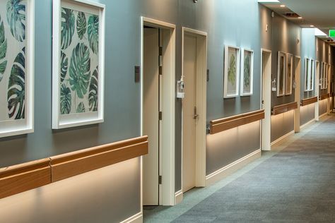 Care Home Interior, Hospital Corridor Design, Led Handrail, Senior Living Interior Design, Timber Handrail, Tropical Artwork, Healthcare Interior Design, Daphne Guinness, Wood Handrail