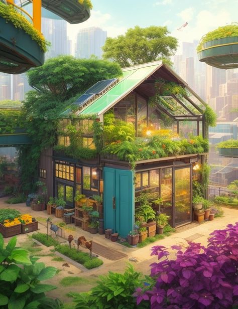 Solar Punk City Concept Art, Solar Punk Building, Solarpunk House Concept Art, Eco Cyberpunk, Solarpunk Concept Art, Solarpunk Building, Solarpunk Farm, Solar Punk Minecraft, Solar Punk House