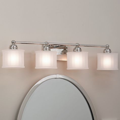 Fluted Drum Shade Bath Strip - 4 Light polished_nickel Vanity Light Bar, Coastal Lighting, Walk In Shower Designs, Powder Room Makeover, Restroom Decor, Shades Of Light, Bathroom Redo, Bathroom Light Fixtures, Bath Light