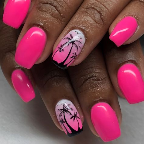 Hot Pink Nail Designs 2023 - Bold and Beautiful Nail Art Ideas – DTK Nail Supply Summer Palm Tree Nails, Coffin Nail Ideas, Tropical Nail Designs, Pink Summer Nails, Beach Nail Designs, Palm Tree Nails, Summer Nails Beach, Tropical Nails, Tree Nails