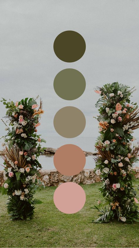 Boho Party Color Palette, Green Wedding Ideas Color Schemes, Sage Green And Rusty Pink Wedding, Olive Color Palette Wedding, Summer Spring Wedding Colors, Olive Wedding Color Palette, Blush Olive Wedding, Spring And Summer Wedding Colors, Earthy Wedding Colors Colour Palettes