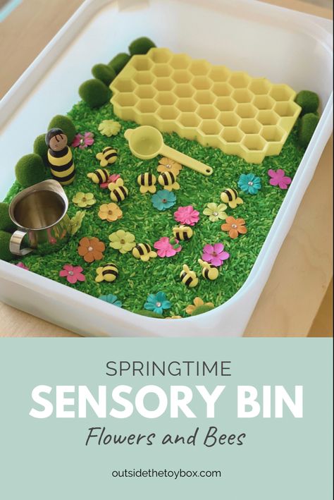 Toddlers are fascinated by bees (even if you do not agree). This springtime sensory bin is easy to create and includes many pieces to keep a toddler or preschooler busy. Add in fine motor skills and bee knowledge and vocabulary and you have a great hands-on way to learn through play. Bumblebee Sensory Bin, Flower Sensory Bin For Toddlers, Honey Bee Sensory Bin, Bee Sensory Table, Springtime Activities For Toddlers, Spring Sensory Bin Preschool, Flisat Activities, Flower Sensory Bin, Bee Sensory Bin