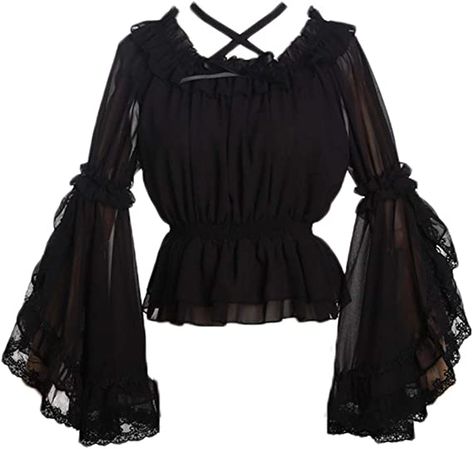 Amazon.com: Elegant Chiffon Flare Sleeve Blouse Cross Neck Frilly Lolita Bottoming Shirt Tops for Girls (Black): Clothing, Shoes & Jewelry Summer Chiffon Blouse, Gothic Victorian Dresses, October Fashion, Chiffon Shirt Blouse, Cross Neck, Lace Dress Long, Bottoming Shirt, Long Sleeve Lace Dress, Chiffon Shirt