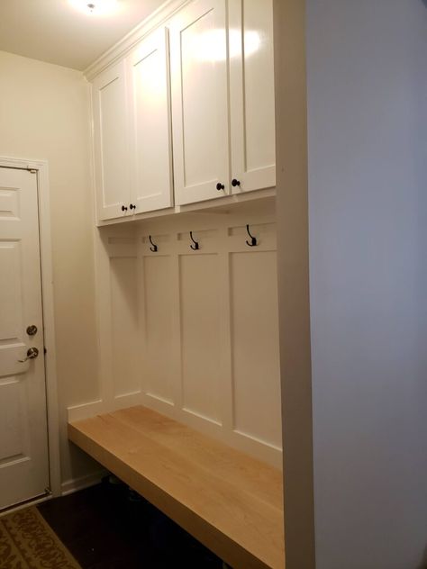 Unique DIY Mudroom Floating Bench With Storage Cabinets | The Creative Engineer Mudroom Bench With Cabinets Above, Diy Mudroom With Cabinets, Mudroom Floating Bench, Diy Mud Room Small Space, Mud Room Cubbies With Bench Diy, Nook Storage Ideas, Built In Mudroom Bench With Storage, Mudroom Storage Diy, Diy Floating Bench