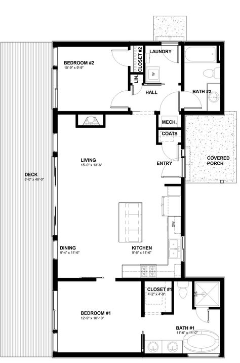 1 Bedroom Apartment Floor Plan, Apartment Floor Plans Luxury, 2 Bedroom Floor Plans, Small Cottage House Plans, Two Bedroom House, 2 Bedroom House Plans, Apartment Floor Plan, Small House Floor Plans, Modern Style House Plans