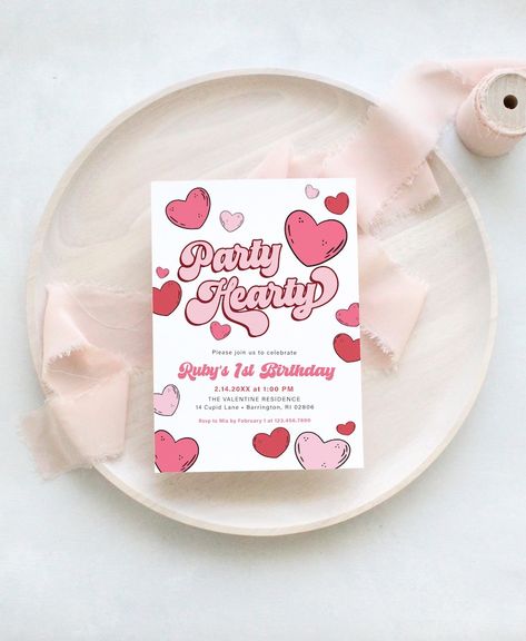 Heart Birthday Invitations, Valentines Birthday Invitations, Party Hearty Birthday, Valentines Day Invite, Valentines Day Birthday Party For Girl, Valentines Party Invite, February Birthday Themes, February Party Themes, Heart Themed Birthday Party