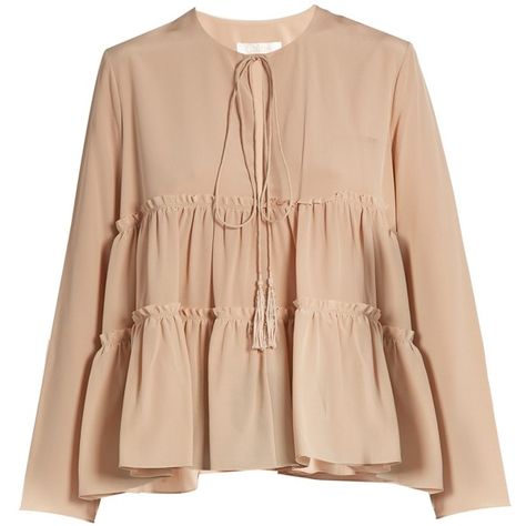 Chloé Tie-neck tiered blouse (4,940 ILS) ❤ liked on Polyvore featuring tops, blouses, light pink, loose fitting tops, flutter-sleeve top, neck-tie, beaded top and flounce tops Long Blouse Outfit, Hijab Stile, Áo Blu, Neck Tie Blouse, Light Pink Blouses, Frilly Blouse, Tiered Blouse, Beige Blouse, Fashion Tops Blouse