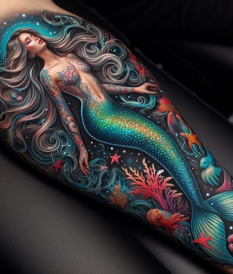 Thigh Mermaid Tattoo, Space Mermaid Tattoo, Mermaid Tattoo Designs Sirens, Mermaid Sleeve Tattoo, Pin Up Tattoos For Women, Siren Tattoo Dark Mermaid, Hunters Tattoo, Fairy Back Tattoo, Pirate Mermaid Tattoo