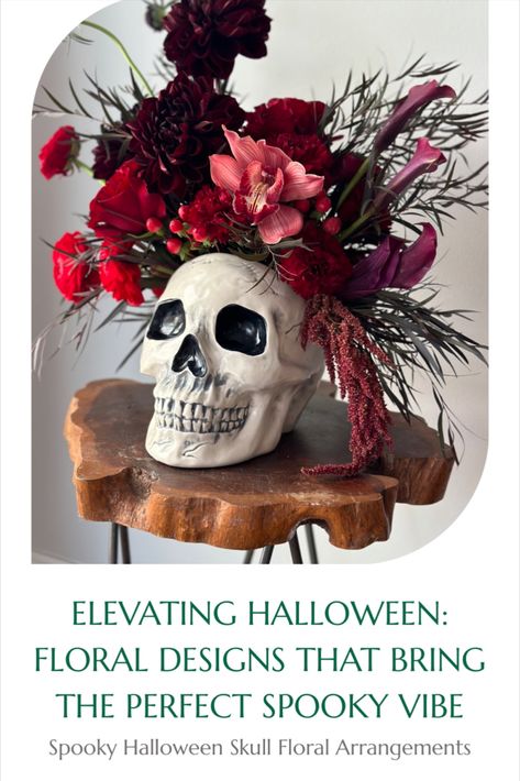 Discover how to elevate you Halloween decor with stunning florals in our latest blog post! This white skull centerpiece, beautifully filled with rich burgundy and red blooms, offers a perfect blend of spooky and sophisticated. Halloween celebrations, from elegant arrangements to dramatic accents that make a statement. #HalloweenPin24 #HalloweenDecor #SpookySeason #HalloweenFlowers #FloralDesign #SkullCenterpiece #BurgundyFlorals #Halloween #AutumnDecor #FlowersbyMelis Real Flower Arrangements, Skull Centerpiece, Sophisticated Halloween, Halloween Floral Arrangements, Diy Floral Arrangements, Boho Halloween, Halloween Floral, Halloween Flowers, Fall Flower Arrangements