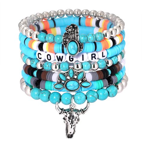 Beaded Western Bracelets, Western Stackable Bracelets, Popular Beaded Bracelets, Jesus Clay Bead Bracelet, Turquoise Beaded Jewelry, Western Beaded Bracelets, Bracelets Y2k, Bracelets Preppy, Cowgirl Turquoise