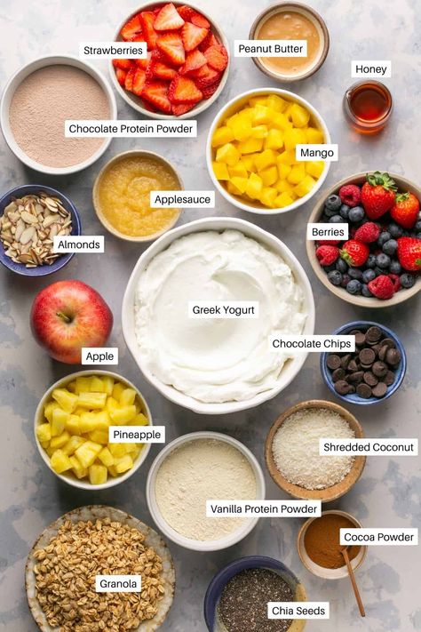 5 Minute High Protein Yogurt Bowls (4 ways) - Oh Snap Macros High Protein Greek Yogurt Bowl, Greek Yogurt Protein Bowl, Greek Yogurt Fruit Bowl, High Protein Parfait, Greek Yogurt Bowl Recipes, High Protein Yogurt Breakfast, Yogurt Protein Bowl, Greek Yogurt Bowls Healthy, Yogurt Bowls Healthy