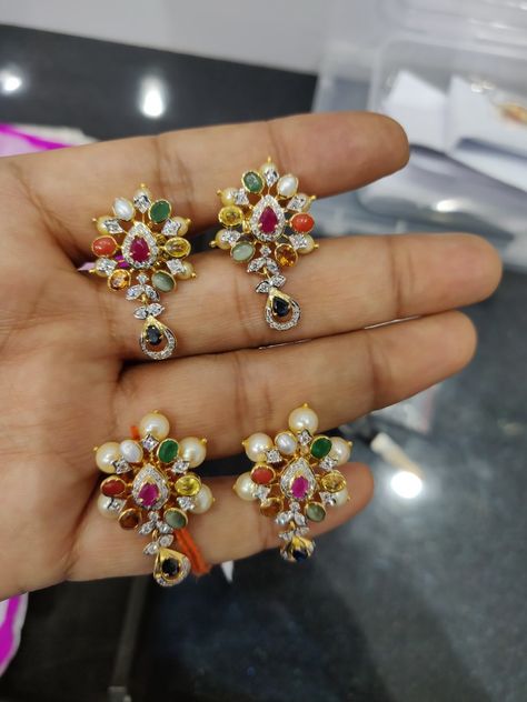 Diamond Navratan Tops Navaratna Earrings Gold, Navratna Earrings, Wardrobe Decoration, Small Earrings Gold, Coral Jewelry Set, 22 Carat Gold Jewellery, Gold Earrings Models, Beautiful Gold Necklaces, Antique Jewelry Indian