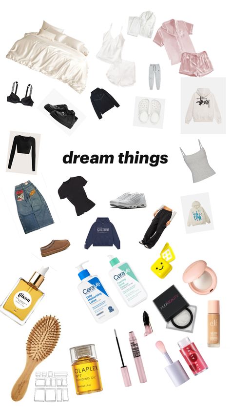 there’s clothes and makeup and stuff Dream Things, Dream List, A Collage, Moisturizing Lotions, Daily Moisturizer, Shopping Spree, My Dream, Facial Cleanser, Huda Beauty