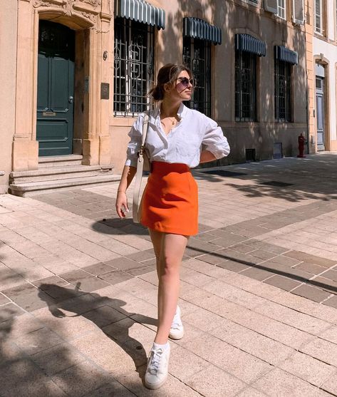 Orange Skirt Outfit, Denim Skirt Outfit Summer, Skirt Outfits Aesthetic, Skirt Outfit Summer, Short Skirts Outfits, Glam Outfit, Orange Outfit, Ootd Dress, What To Wear Today