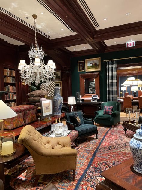 English Library Style, British Study Room, Ralph Lauren Style Living Room, Ralph Lauren Study Room, Ralph Lauren Interiors Living Room, Ralph Lauren Study, Ralph Lauren Man Cave, Tartan Dining Room, Ralph Lauren Cabin Interiors