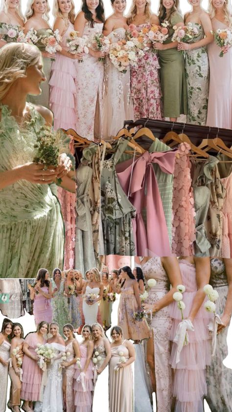 Pale pinks, greens, and champagnes Light Pink And Green Bridesmaid Dresses, Pink And Green Mismatched Bridesmaids, Pink And Green Spring Wedding, Pink And Green Bridal Party, Pink And Green Bridesmaids, 4 Bridesmaids Mismatched, Bridesmaid Dresses Pink And Green, Champagne Pink Bridesmaid Dresses, Light Pink And Green Wedding