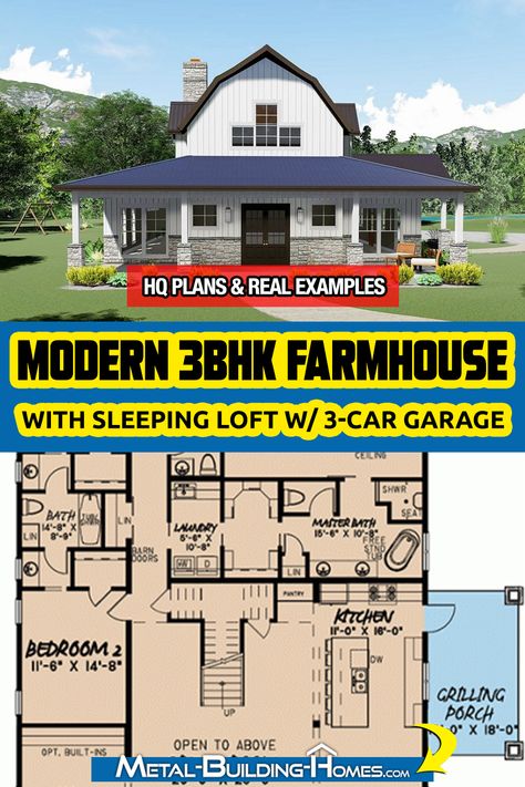 This amazing barndominium-style house concept has a barn-like façade with board and batten paneling, large windows, and barn doorways. This beautiful 3-bedroom home design features a front porch that runs the length of the mansion and is capped with a gambrel roof for just an extra farmhouse-style element. French doors connect to a real open-concept floor plan with a huge two-story vaulted ceiling and exposed wooden beams. Gambrel Floor Plans, Gambrel Roof Interior, Small Gambrel House, Gambrel Roof House Plans, Gambrel Barndominium, Gambrel House Plans, Gambrel Barn House, Gambrel Roof House, Gambrel Cabin