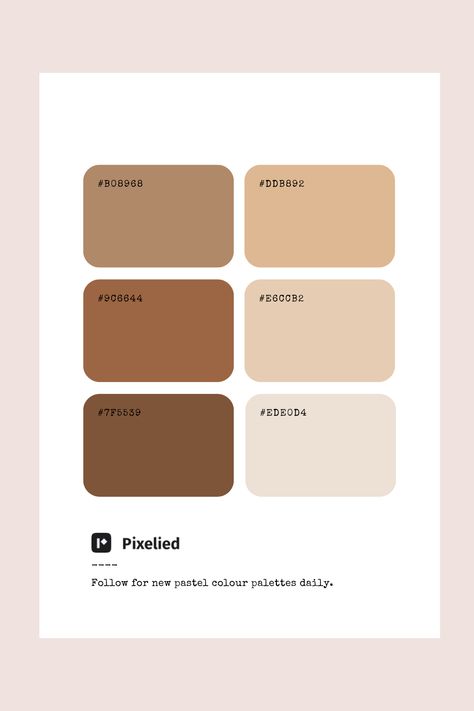 This brown color palette ranges from deep, rich chocolate tones to soft, creamy beige hues. These versatile shades add warmth, depth, and a natural elegance to any design, making them perfect for illustration, branding, typography, and web UI. Brown Scheme Colour Palettes, Biscuit Color Palette, Brown Color Palette Combination, Pastel Brown Color Palette, Beige And Brown Color Palette, Soft Brown Color Palette, Brown Color Palette Hex Code, Milk Tea Color Palette, Color Branding Palette