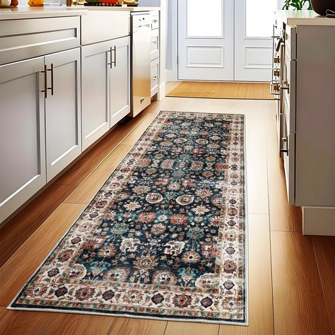 PRICES MAY VARY. 【Vintage Floral Design】The laundry rug features a fashionable floral style and a distinctive retro pattern with a distressed design. The hallway runner rug is suitable for various areas, including the entryway,living room, bedroom, dining room, laundry room, playroom, dorm, home office and kitchen rugs. 【Soft & Non-Slip】The boho runner rug is not only ultra-soft but also resistant to color fading. Runner rug non slip luxurious texture provides protection against cold and hard fl Kitchen Island Runner, Wide Galley Kitchen, Bedroom Navy Blue, Washable Kitchen Rugs, Kitchen Runner Rugs, Bedroom Navy, Boho Runner Rug, Laundry Rug, Kitchen Rugs Washable